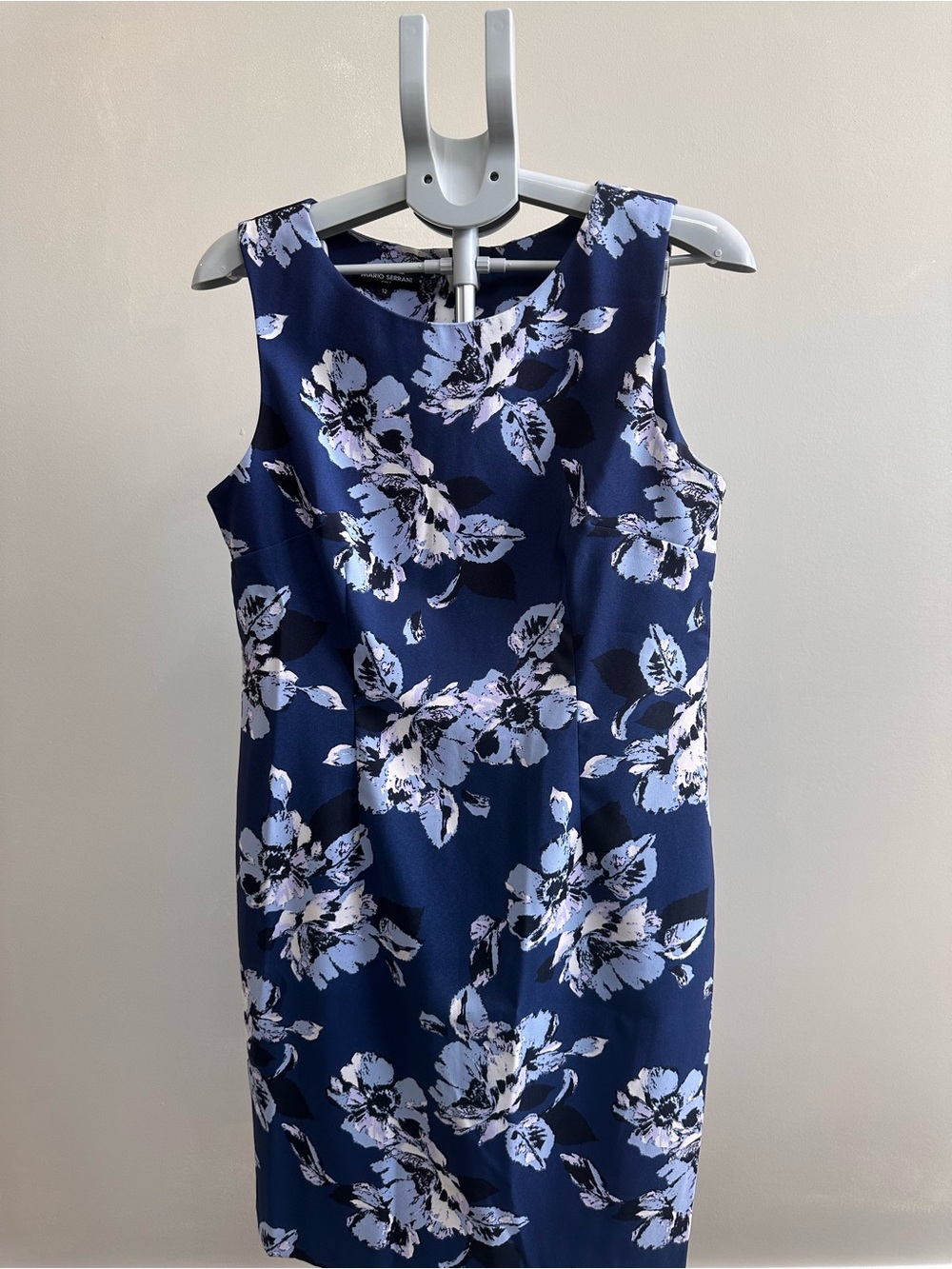 Mario Serrani Navy Floral Sheath Dress with White and Light Blue Blooms